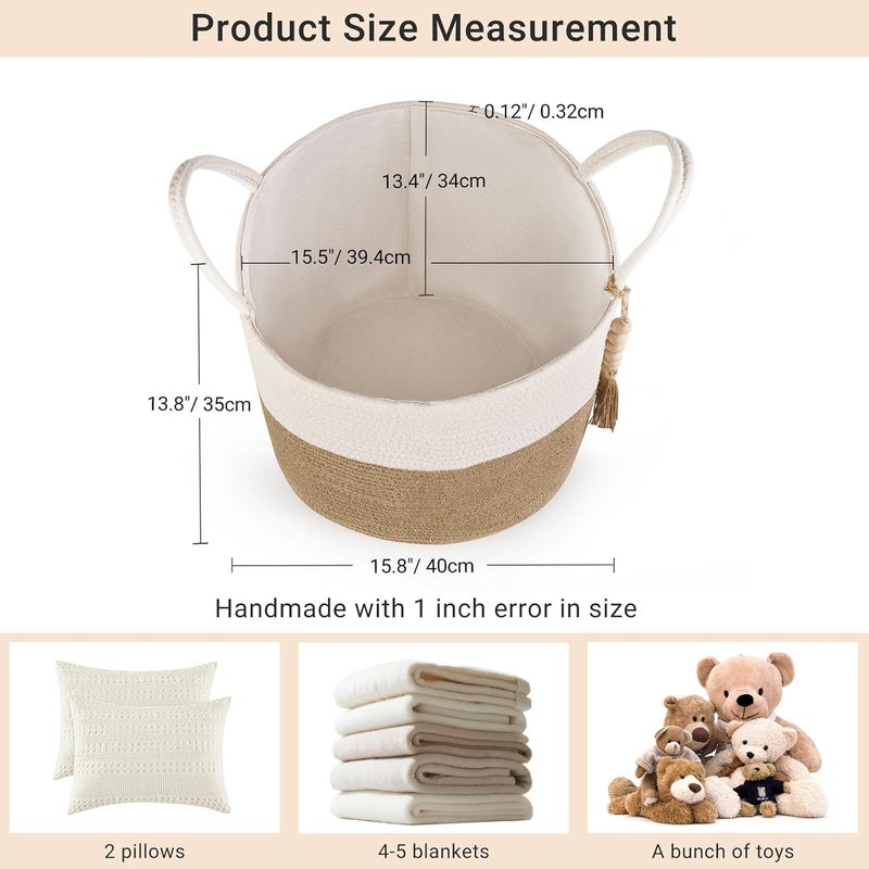 Mkono Woven Storage Basket Decorative Natural Rope Basket Wooden Bead Decoration for Blankets,Toys,Clothes,Shoes,Plant Organizer Bin with Handles Living Room Home Decor, 16"x13",White and Yellow - Image 4