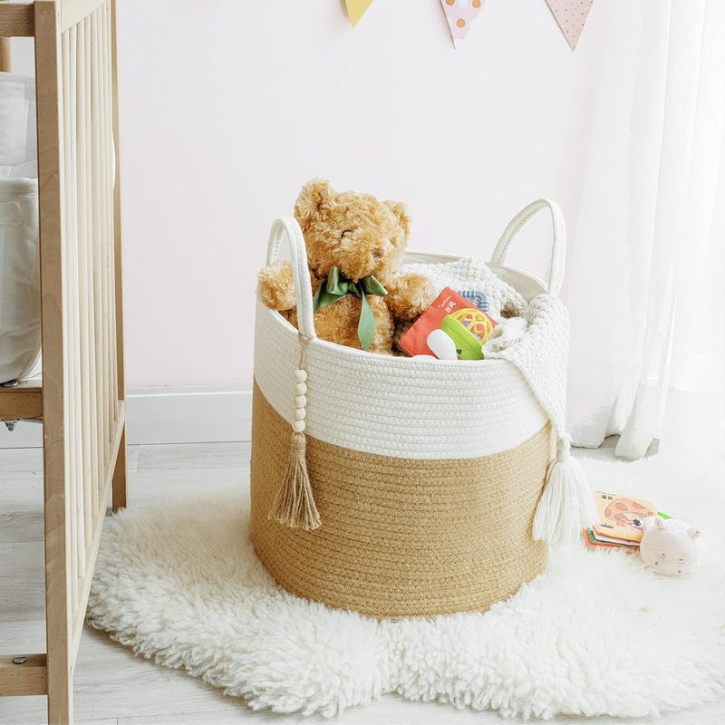 Mkono Woven Storage Basket Decorative Natural Rope Basket Wooden Bead Decoration for Blankets,Toys,Clothes,Shoes,Plant Organizer Bin with Handles Living Room Home Decor, 16"x13",White and Yellow - Image 2