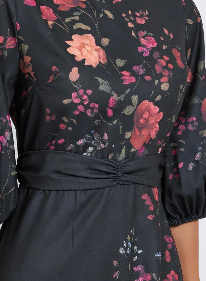 Styli Floral Print 3/4th Sleeves A-Line Midi Dress with self fabric belt
