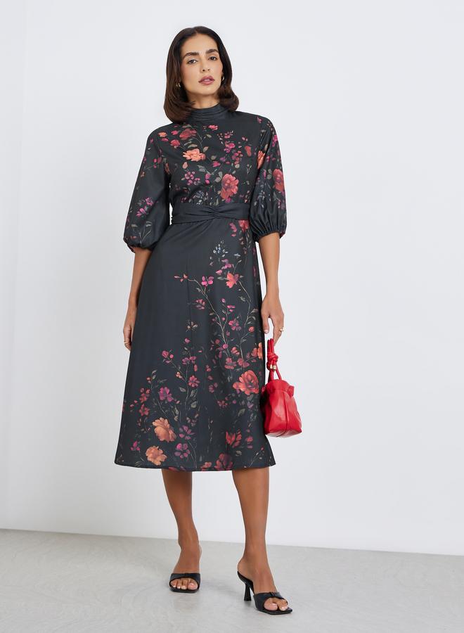 Floral Print 3/4th Sleeves A-Line Midi Dress with self fabric belt