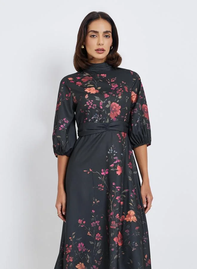 Styli Floral Print 3/4th Sleeves A-Line Midi Dress with self fabric belt