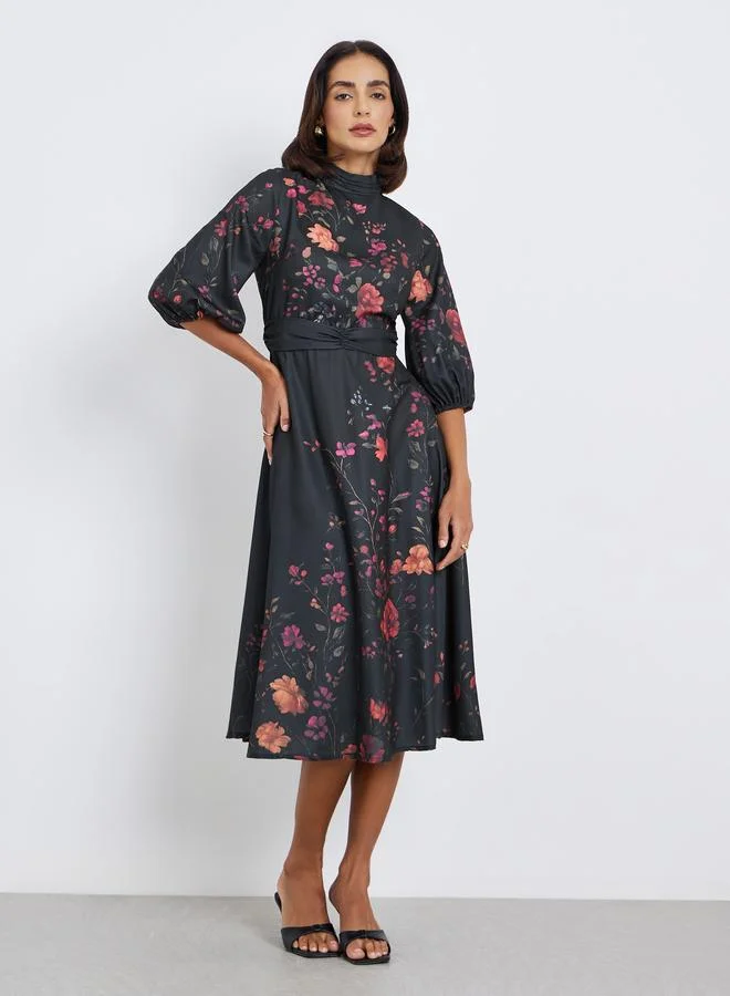 Styli Floral Print 3/4th Sleeves A-Line Midi Dress with self fabric belt