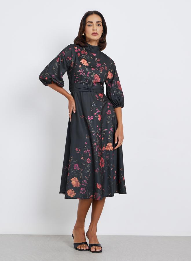 Styli Floral Print 3/4th Sleeves A-Line Midi Dress with self fabric belt - Image 3