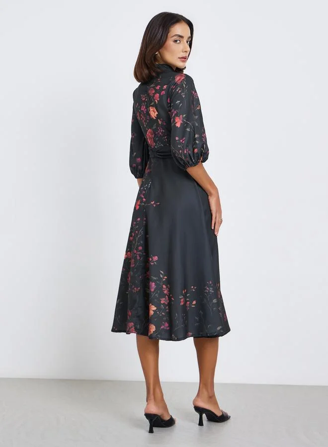 Styli Floral Print 3/4th Sleeves A-Line Midi Dress with self fabric belt