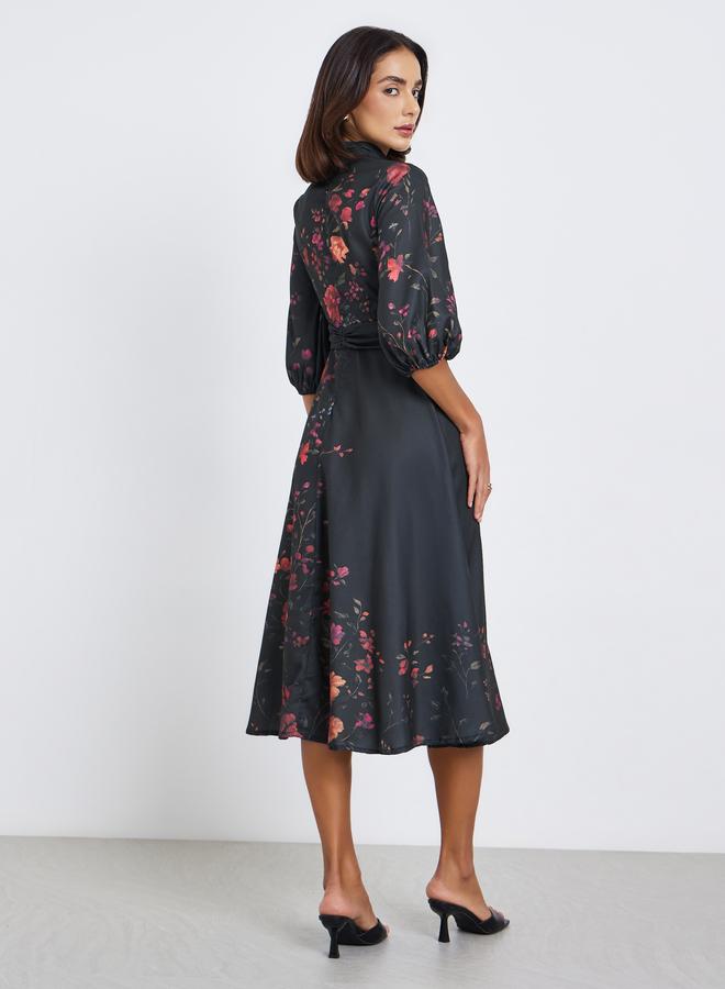Styli Floral Print 3/4th Sleeves A-Line Midi Dress with self fabric belt - Image 5