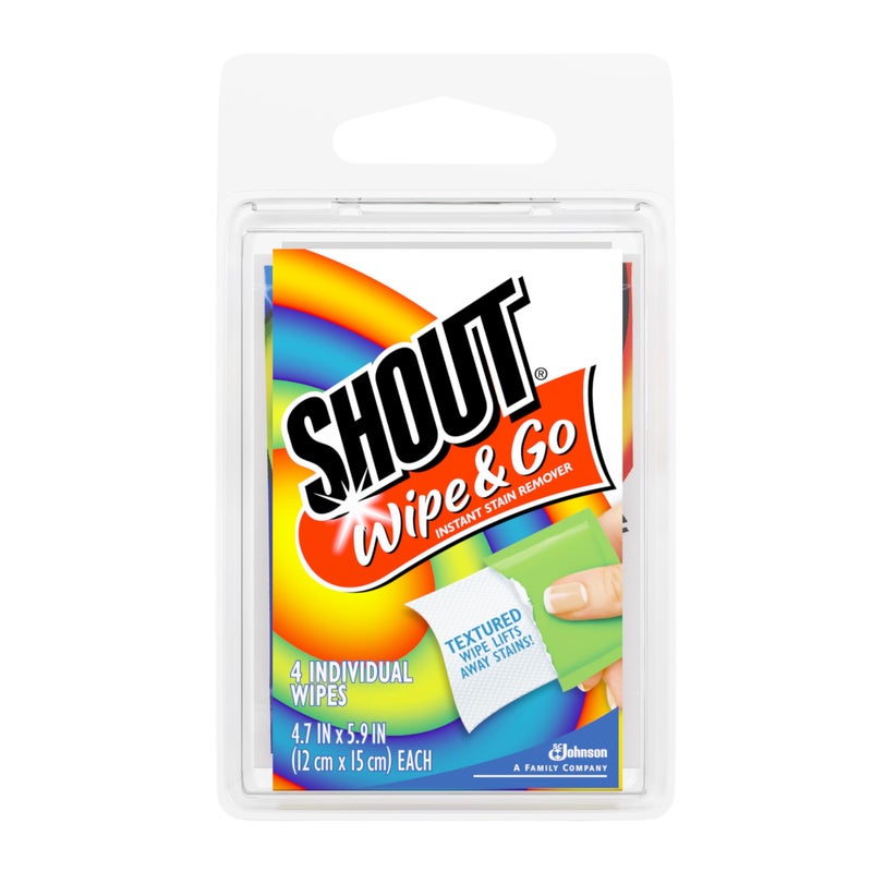 Shout Wipes, Wipe and Go Instant Stain Remover, Laundry Stain and Spot Remover for On-the-Go, 4 Wipes (Pack of 1) - Image 1