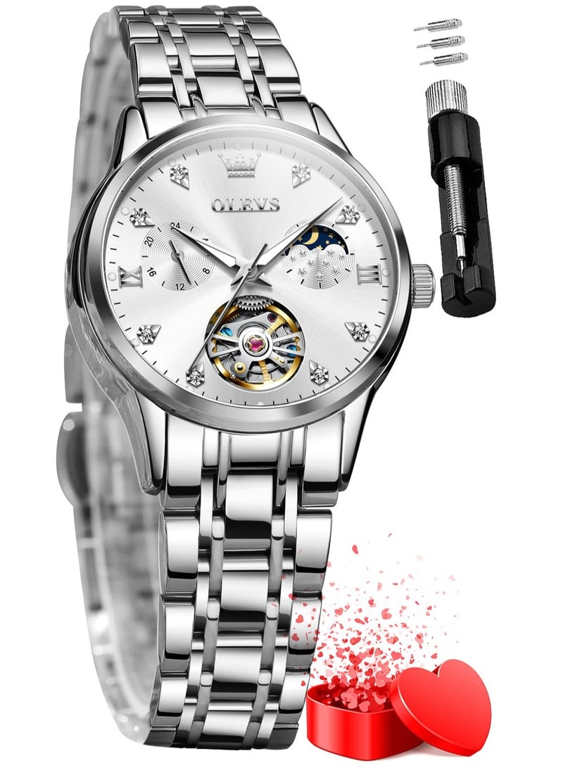 OLEVS Women's Automatic Luxury Gold and Silver Stainless Steel Mechanical Flywheel Moon Phase Dial Waterproof Watch 6608 - Image 1