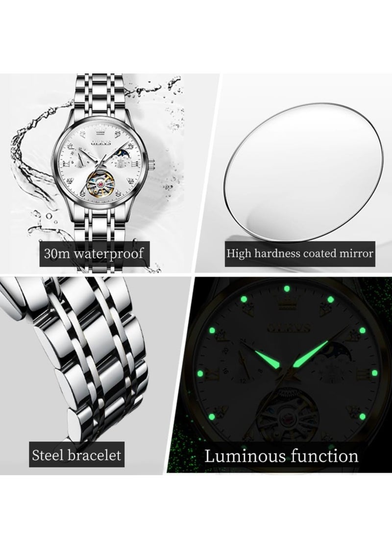 OLEVS Women's Automatic Luxury Gold and Silver Stainless Steel Mechanical Flywheel Moon Phase Dial Waterproof Watch 6608 - Image 4