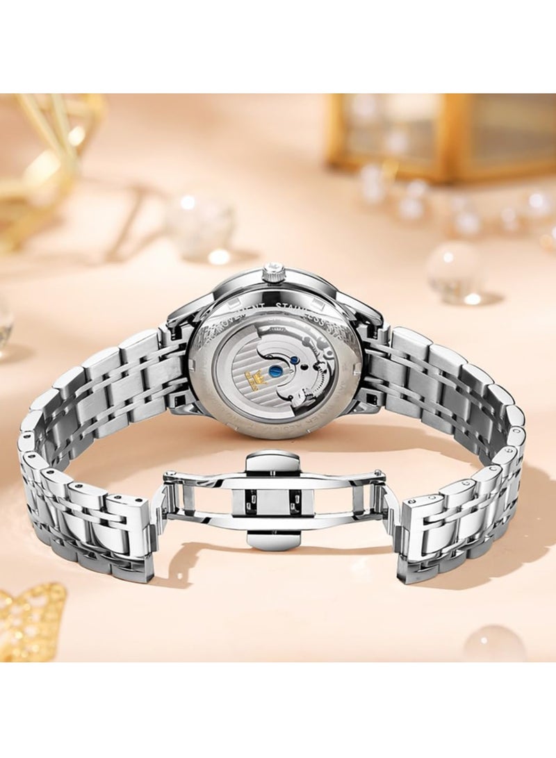 OLEVS Women's Automatic Luxury Gold and Silver Stainless Steel Mechanical Flywheel Moon Phase Dial Waterproof Watch 6608 - Image 5