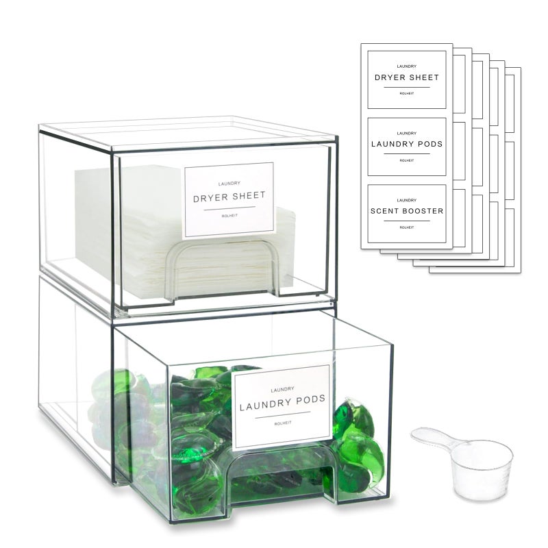 Rolheit 4 Pack Laundry Room Organization Storage Drawers with Labels, Clear Stackable Dryer Sheet Holder and Pod Containers, Detergent Dispenser for Laundry Room Organizing and Decor - Image 1