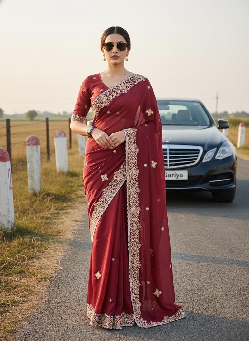 Glory Sarees ساري غلوري للنساء من حرير رانغولي مع تطريز مع قطعة بلوزة (LF825_مارون) - Image 2