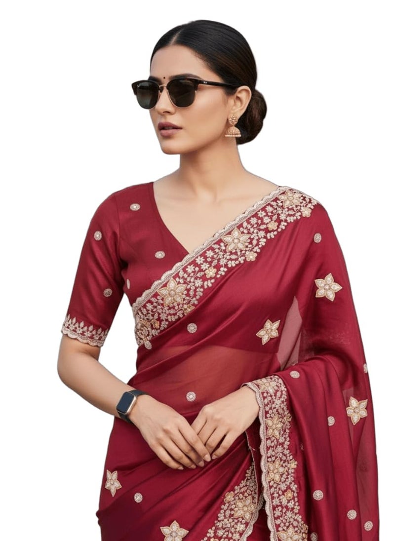Glory Sarees ساري غلوري للنساء من حرير رانغولي مع تطريز مع قطعة بلوزة (LF825_مارون) - Image 1