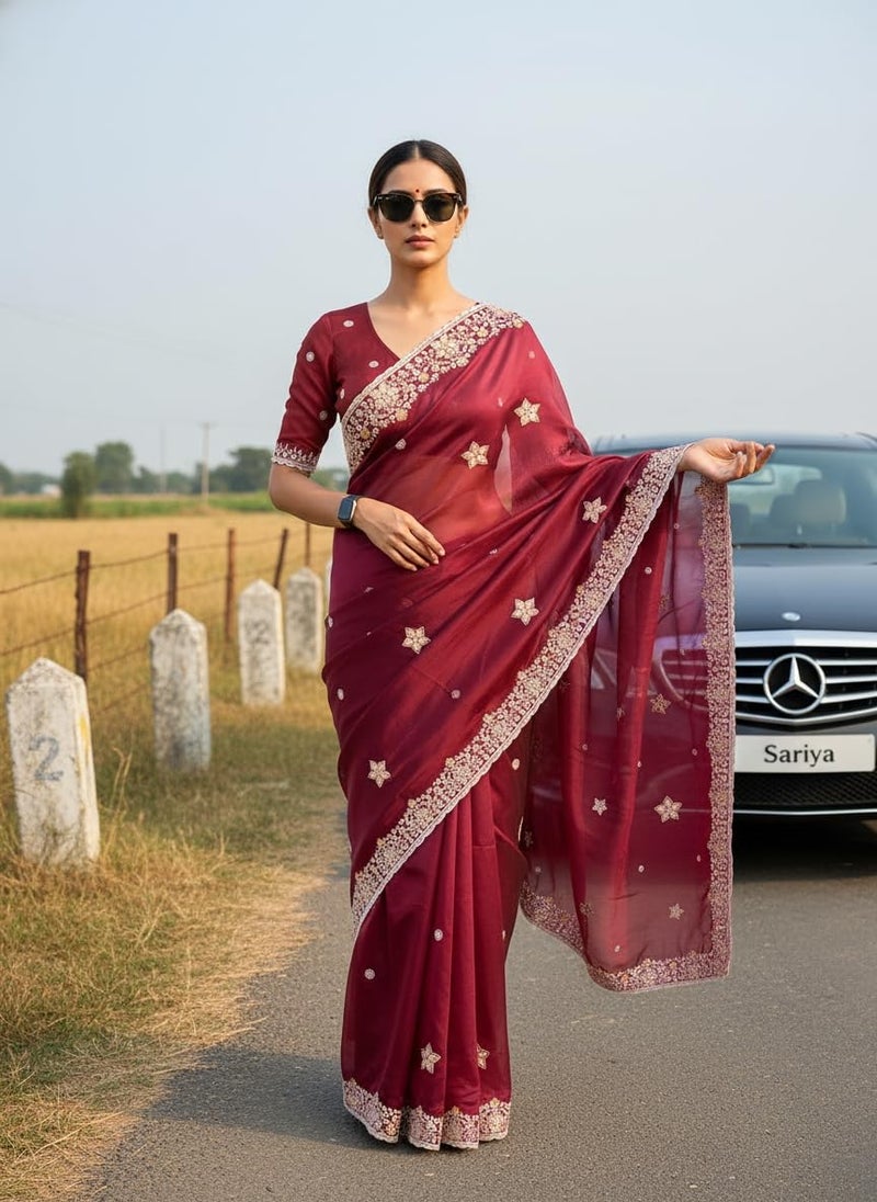 Glory Sarees ساري غلوري للنساء من حرير رانغولي مع تطريز مع قطعة بلوزة (LF825_مارون) - Image 3
