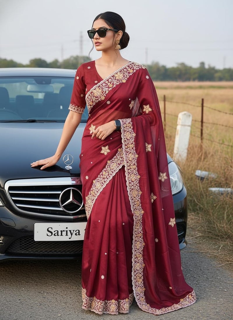 Glory Sarees ساري غلوري للنساء من حرير رانغولي مع تطريز مع قطعة بلوزة (LF825_مارون) - Image 5