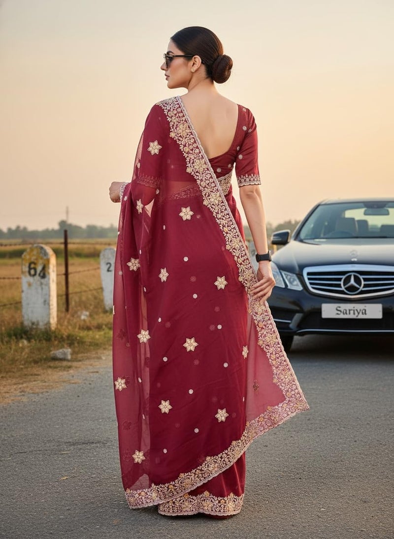 Glory Sarees ساري غلوري للنساء من حرير رانغولي مع تطريز مع قطعة بلوزة (LF825_مارون) - Image 4