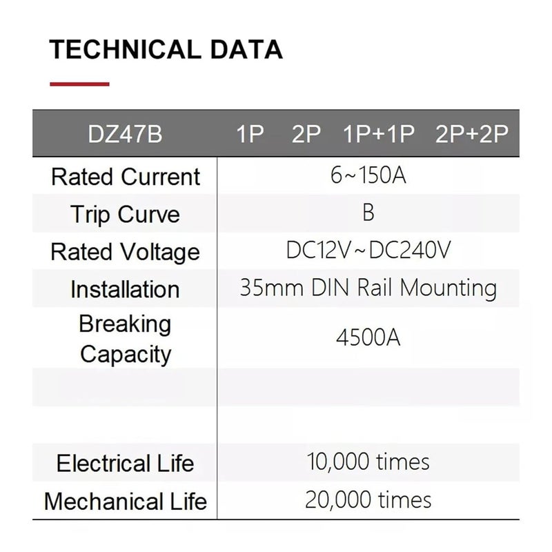 DZ47B 125A 2P قاطع دائرة مصغر للطاقة المزدوجة DC 12V 48V للتركيب على سكة دين - Image 3