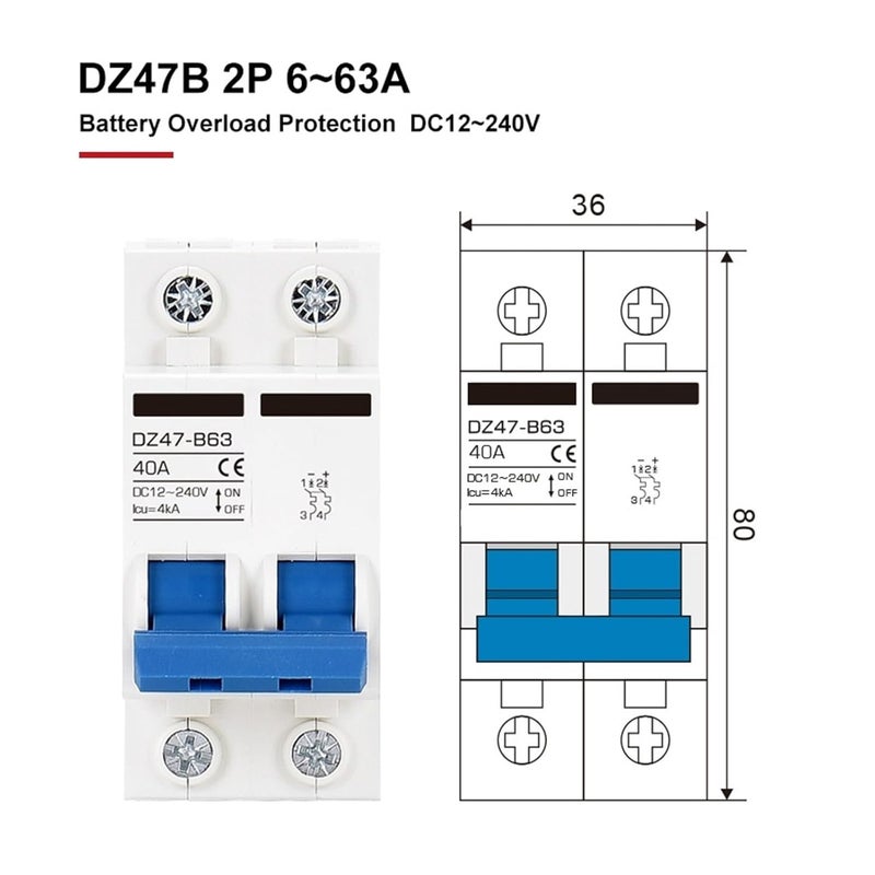 DZ47B 125A 2P قاطع دائرة مصغر للطاقة المزدوجة DC 12V 48V للتركيب على سكة دين - Image 5