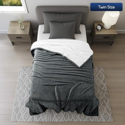 Utopia Bedding Sherpa Blanket Twin Size Grey 60x80 Inches Soft Lightweight Plush Fleece Reversible Winter Blanket for Bed Sofa Couch Camping and Travel - Image 3