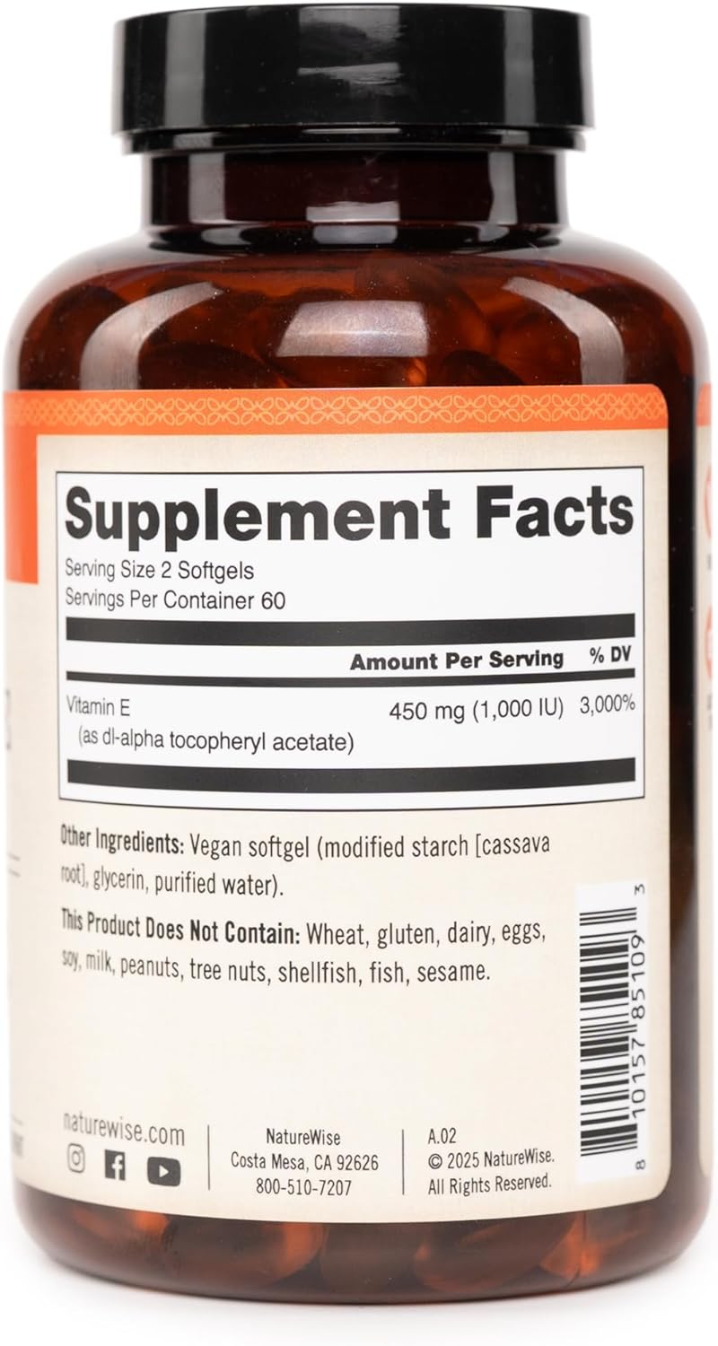 NatureWise Vitamin E 1000 IU Softgels 450mg dLAlpha  Vegan GlutenFree SoyFree NonGMO Antioxidant Dietary Supplement for Skin Heart Eye and Immune Health Support  60Day Supply 120 Count - Image 3