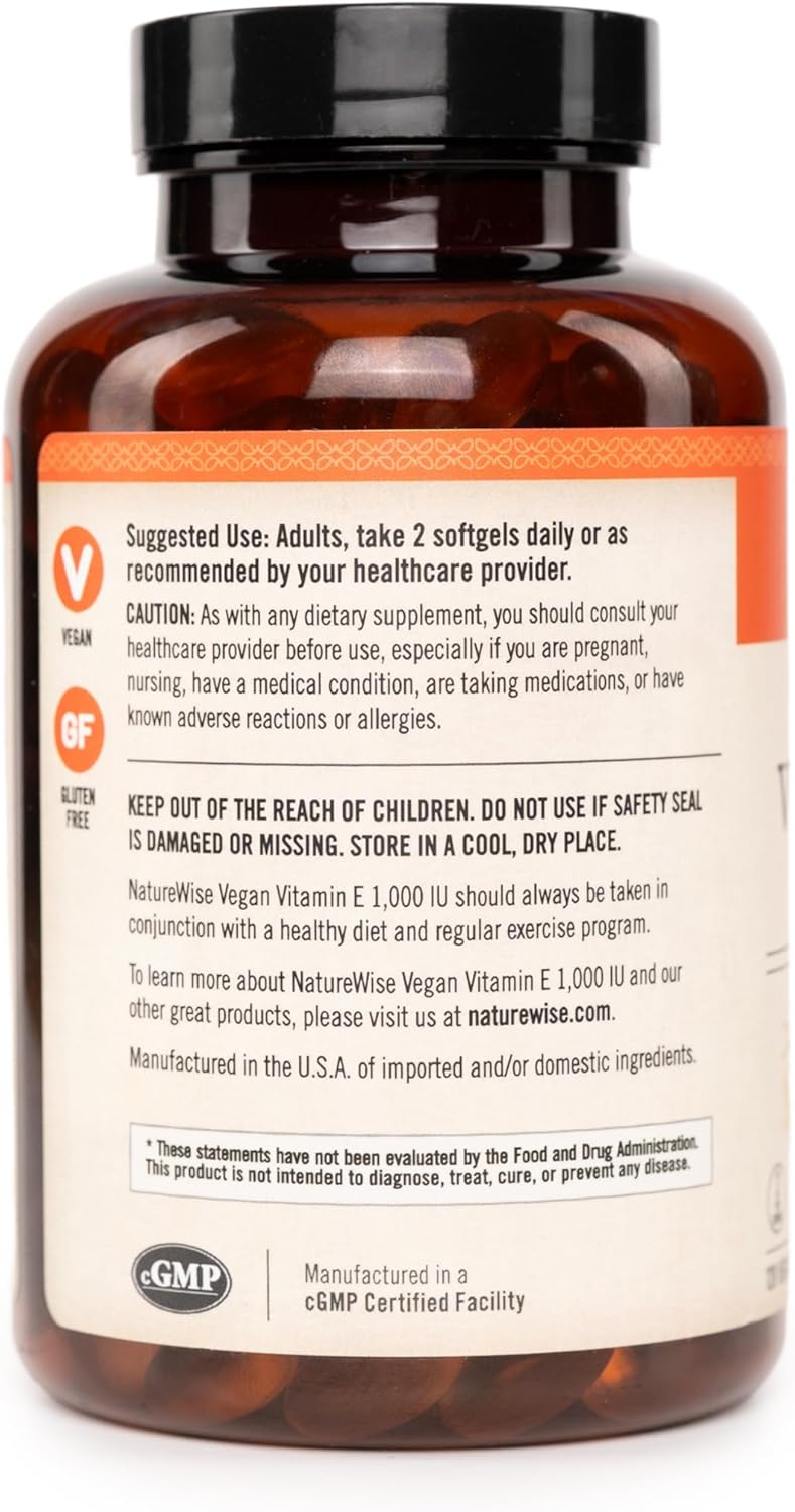 NatureWise Vitamin E 1000 IU Softgels 450mg dLAlpha  Vegan GlutenFree SoyFree NonGMO Antioxidant Dietary Supplement for Skin Heart Eye and Immune Health Support  60Day Supply 120 Count - Image 2