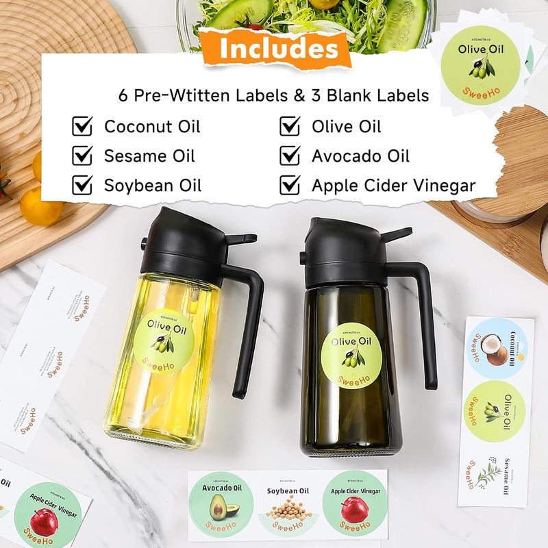 SweeHo Oil Sprayer for Cooking,470ml Cooking Olive Oil Sprayer and Oil Dispenser 2 In 1, Food-grade Glass Oil Spray Bottle Mister for Air Fryer, BBQ, Griddle (Black+dark green glass and color label) - Image 5