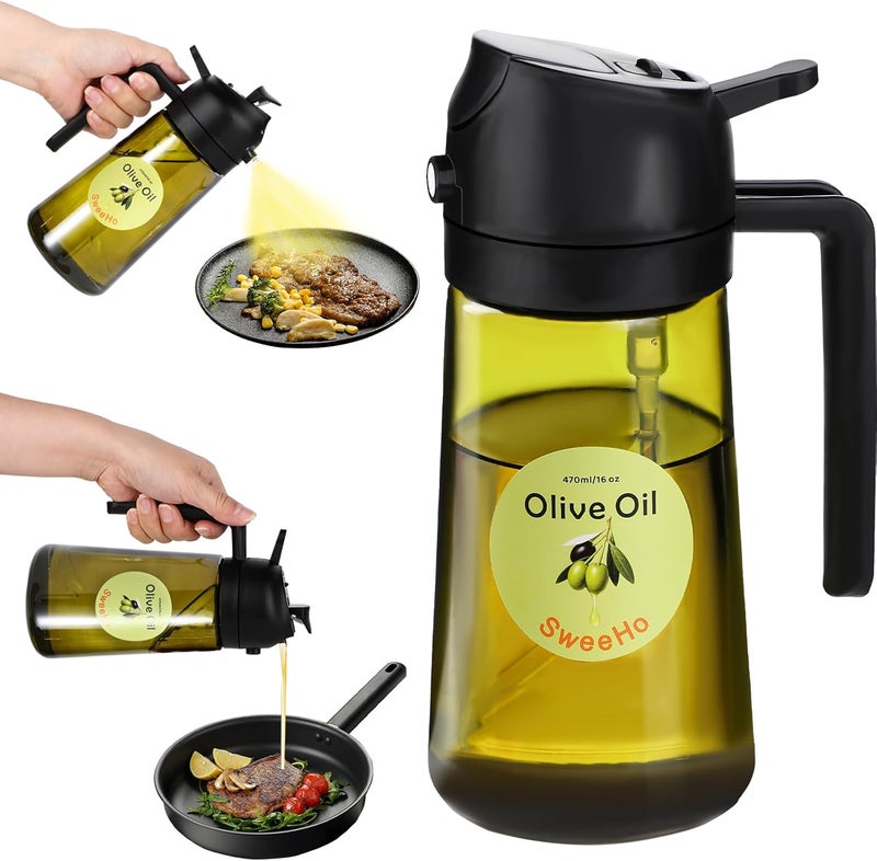 SweeHo Oil Sprayer for Cooking,470ml Cooking Olive Oil Sprayer and Oil Dispenser 2 In 1, Food-grade Glass Oil Spray Bottle Mister for Air Fryer, BBQ, Griddle (Black+dark green glass and color label) - Image 1