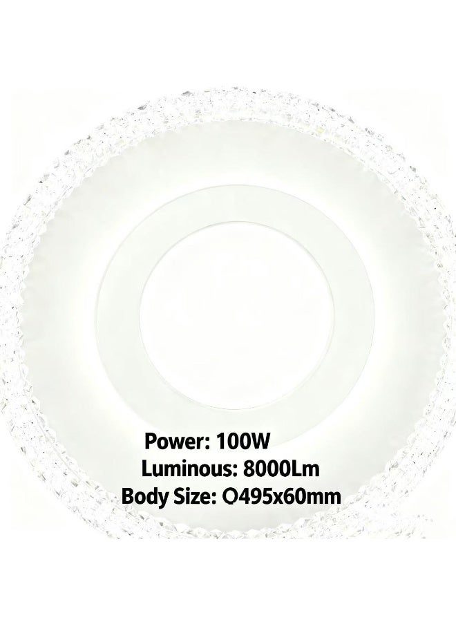 Vmax 100W LED Ceiling Light, 3 Color Temperature (3000K/4000K/6500K), Round Flush Mount Fixture Φ495mm, 8000LM, Crystal Edge Design, Iron + PMMA Body, Bedroom Lighting - Image 1