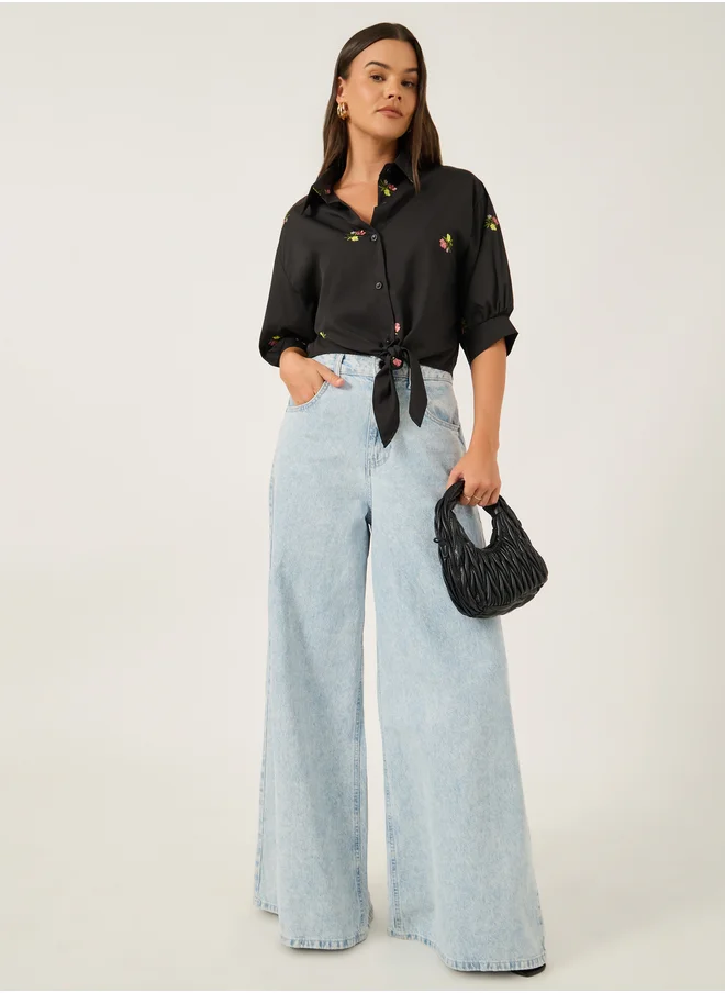 ستايلي Floral Embroidered 3/4 Sleeve Tie Front Regular Fit Shirt