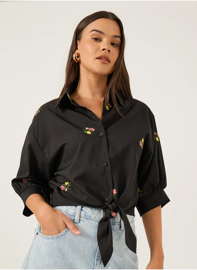 ستايلي Floral Embroidered 3/4 Sleeve Tie Front Regular Fit Shirt