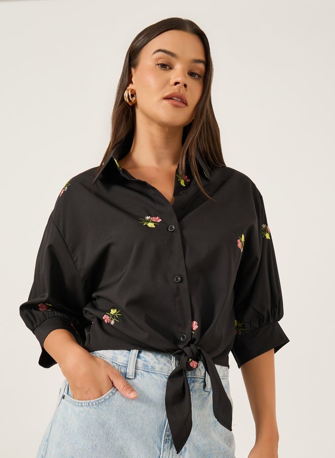 Styli Floral Embroidered 3/4 Sleeve Tie Front Regular Fit Shirt - Image 1