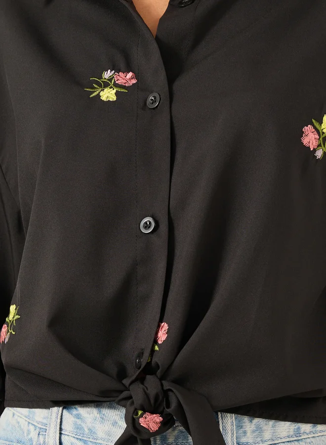 Styli Floral Embroidered 3/4 Sleeve Tie Front Regular Fit Shirt