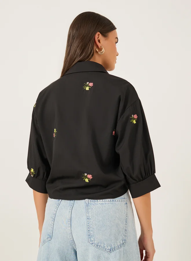 Styli Floral Embroidered 3/4 Sleeve Tie Front Regular Fit Shirt
