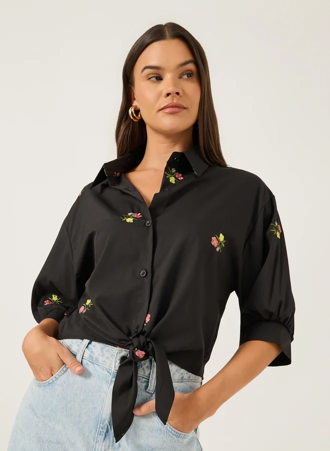 Styli Floral Embroidered 3/4 Sleeve Tie Front Regular Fit Shirt
