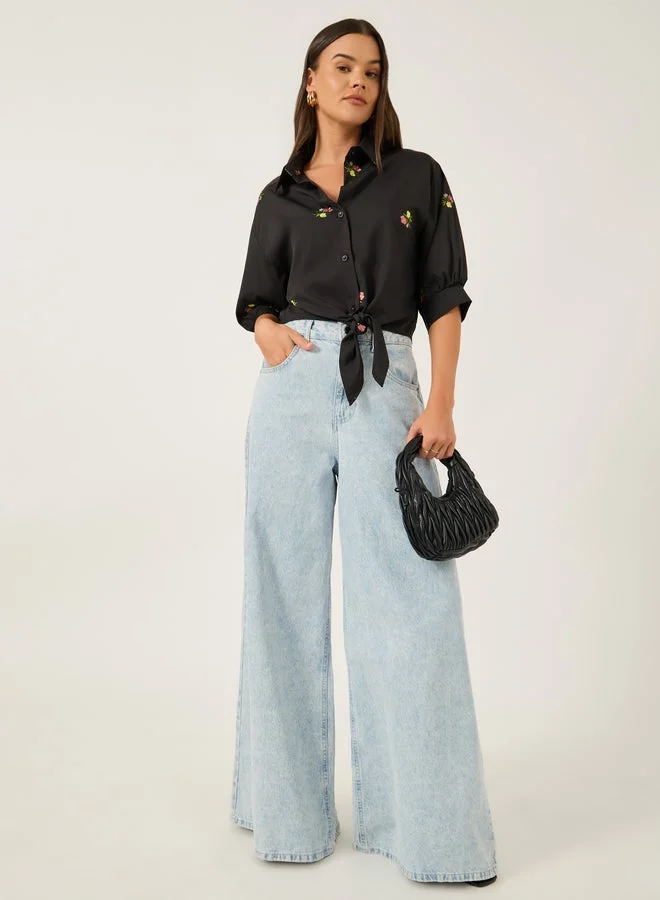 Styli  Styli Floral Embroidered 3/4 Sleeve Tie Front Regular Fit Shirt for Women | Best Price UAE