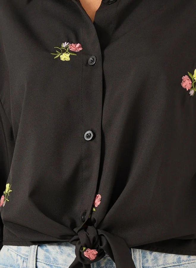 Styli  Styli Floral Embroidered 3/4 Sleeve Tie Front Regular Fit Shirt for Women | Best Price UAE