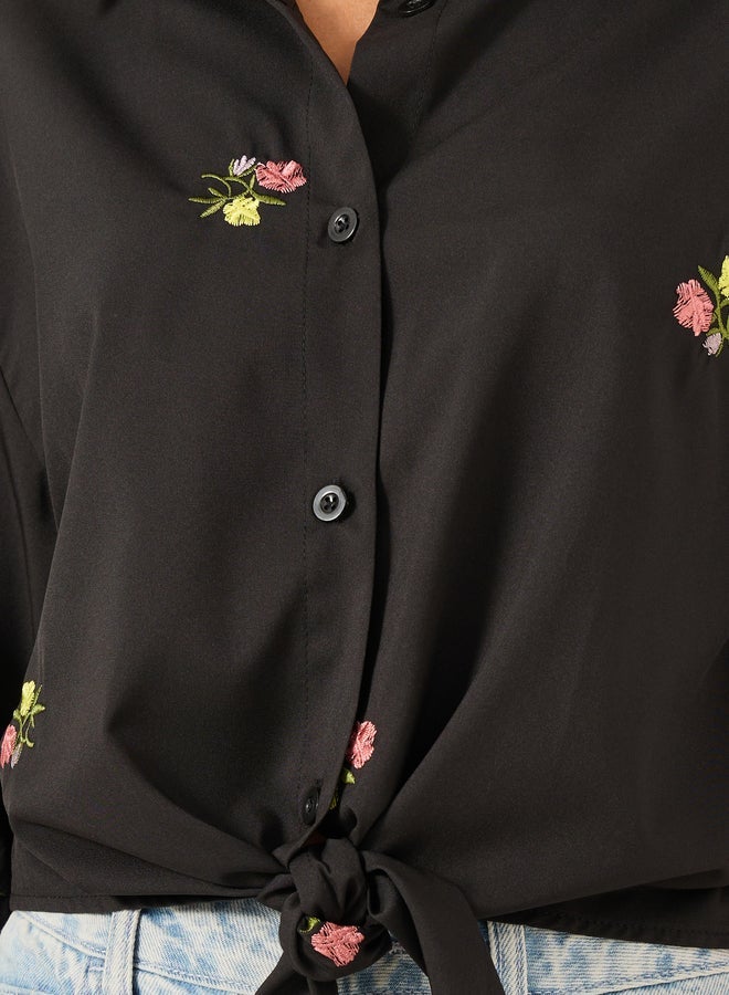 Styli Floral Embroidered 3/4 Sleeve Tie Front Regular Fit Shirt - Image 3