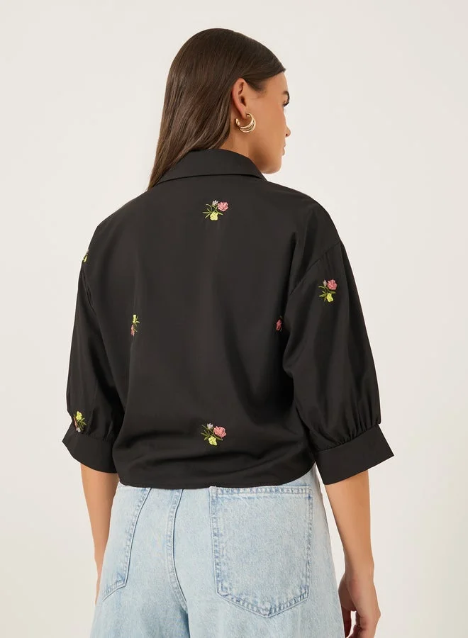 Styli  Styli Floral Embroidered 3/4 Sleeve Tie Front Regular Fit Shirt for Women | Best Price UAE