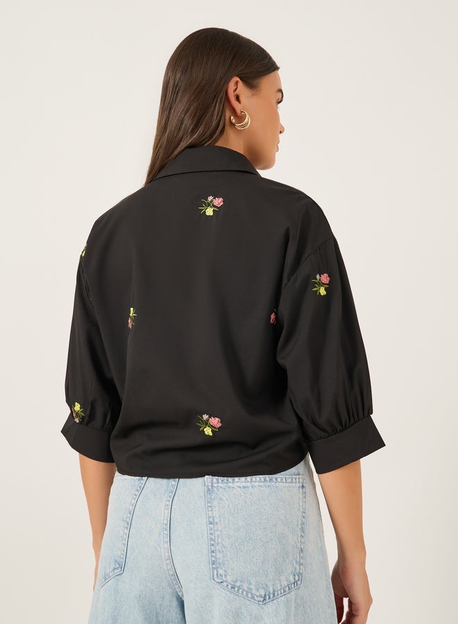 Styli Floral Embroidered 3/4 Sleeve Tie Front Regular Fit Shirt - Image 5