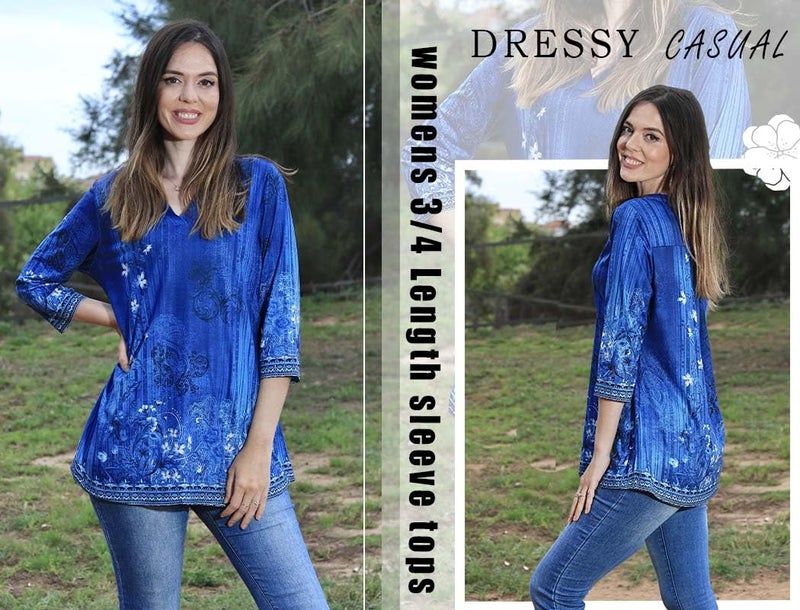 Zeagoo Womens Tunic Tops to Wear with Leggings 3/4 Sleeve Shirts V Neck Blouses Fashion Blue Leaves Print Floral XL - Image 4