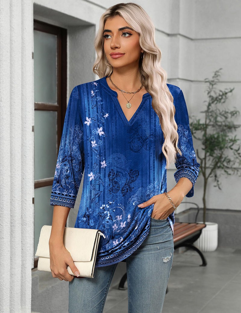 Zeagoo Womens Tunic Tops to Wear with Leggings 3/4 Sleeve Shirts V Neck Blouses Fashion Blue Leaves Print Floral XL - Image 2