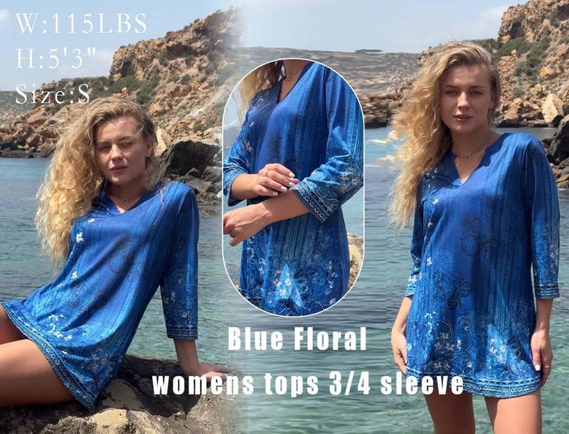Zeagoo Womens Tunic Tops to Wear with Leggings 3/4 Sleeve Shirts V Neck Blouses Fashion Blue Leaves Print Floral XL - Image 5
