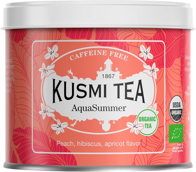 Kusmi Tea AquaSummer Organic Herbal Tea - Hibiscus, Peach & Apricot Flavor - Caffeine Free - 100g Metal Can - Image 1