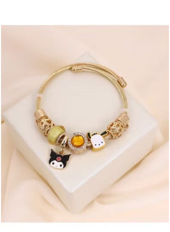 Kuromi Charm Bracelet (Gold Wire Design with Sanrio Character & Gem Beads)