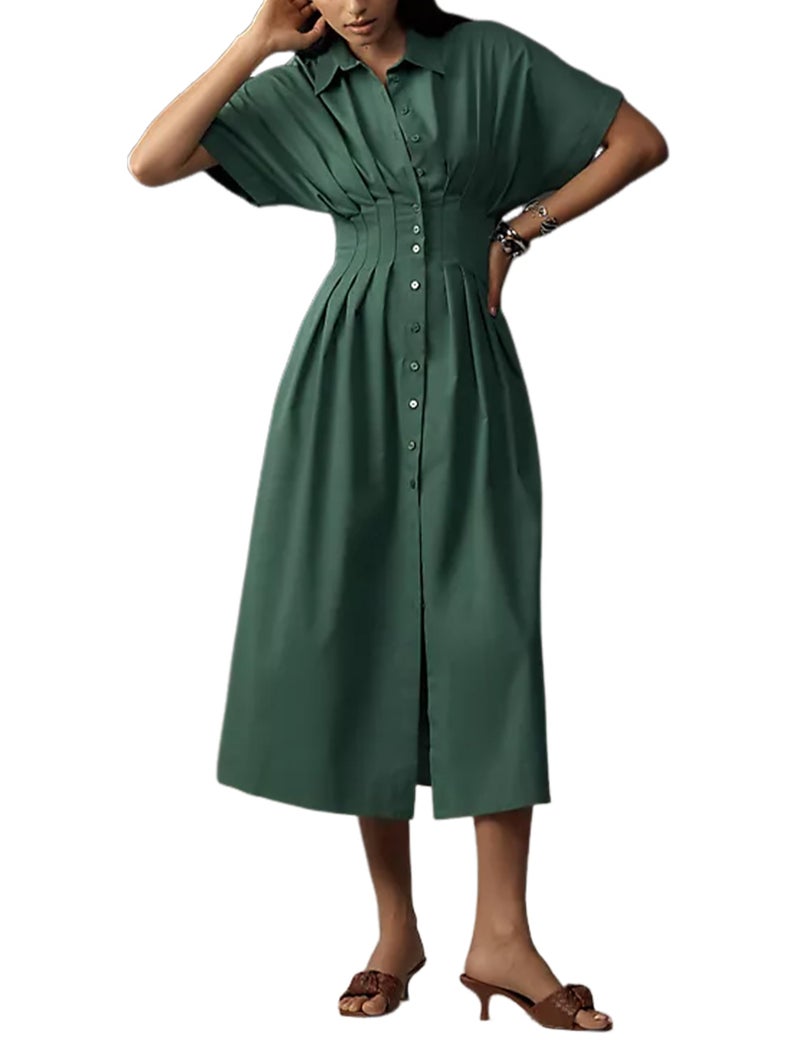 Yeokou Shirt Dress for Women Summer Casual Short Sleeve Button Down Loose Pleated Maxi Sundress with Pockets(Green-XS) - Image 1