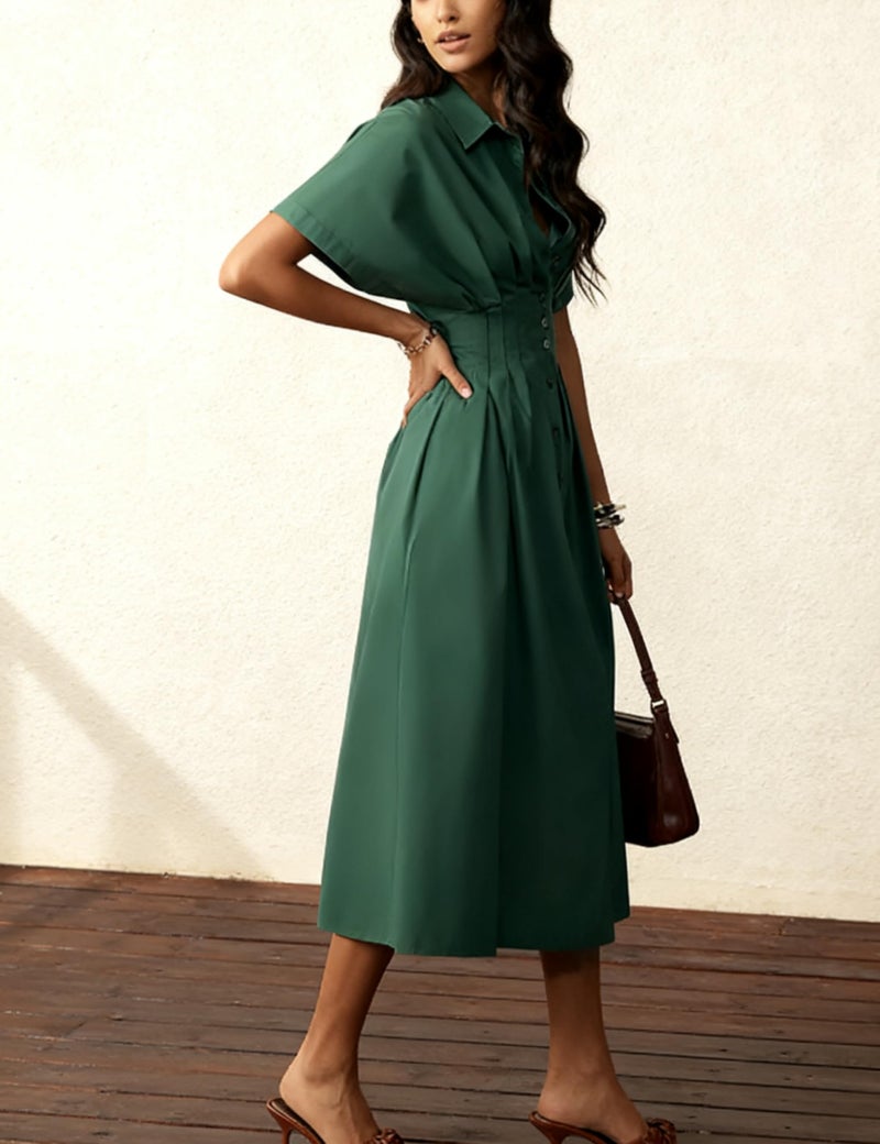 Yeokou Shirt Dress for Women Summer Casual Short Sleeve Button Down Loose Pleated Maxi Sundress with Pockets(Green-XS) - Image 4