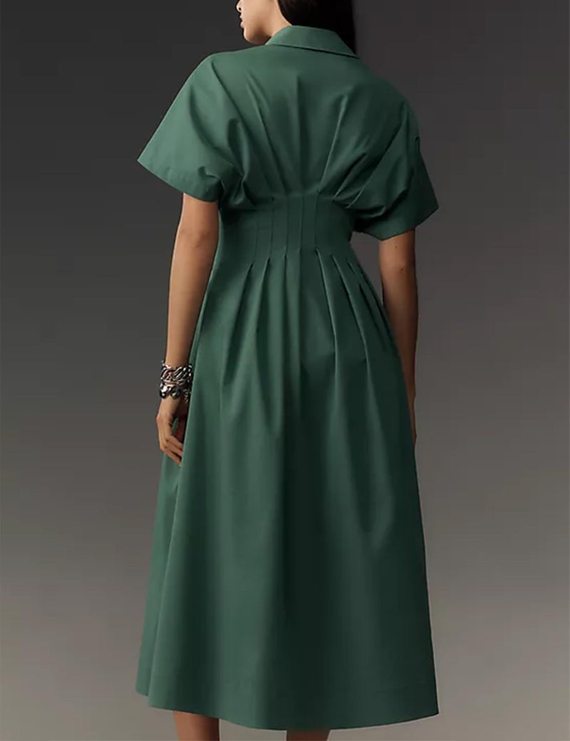 Yeokou Shirt Dress for Women Summer Casual Short Sleeve Button Down Loose Pleated Maxi Sundress with Pockets(Green-XS) - Image 3