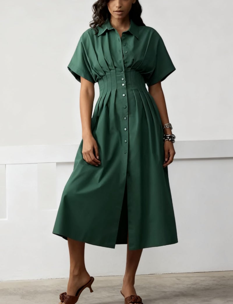 Yeokou Shirt Dress for Women Summer Casual Short Sleeve Button Down Loose Pleated Maxi Sundress with Pockets(Green-XS) - Image 5