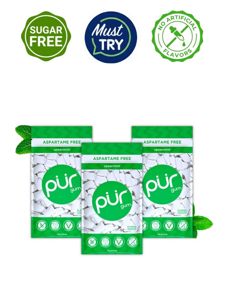 PUR Gum | Aspartame Free Chewing Gum | 100% Xylitol | Sugar Free, Vegan, Gluten Free & Keto Friendly | Natural Spearmint Flavored Gum, 55 Pieces (Pack of 3) - Image 1