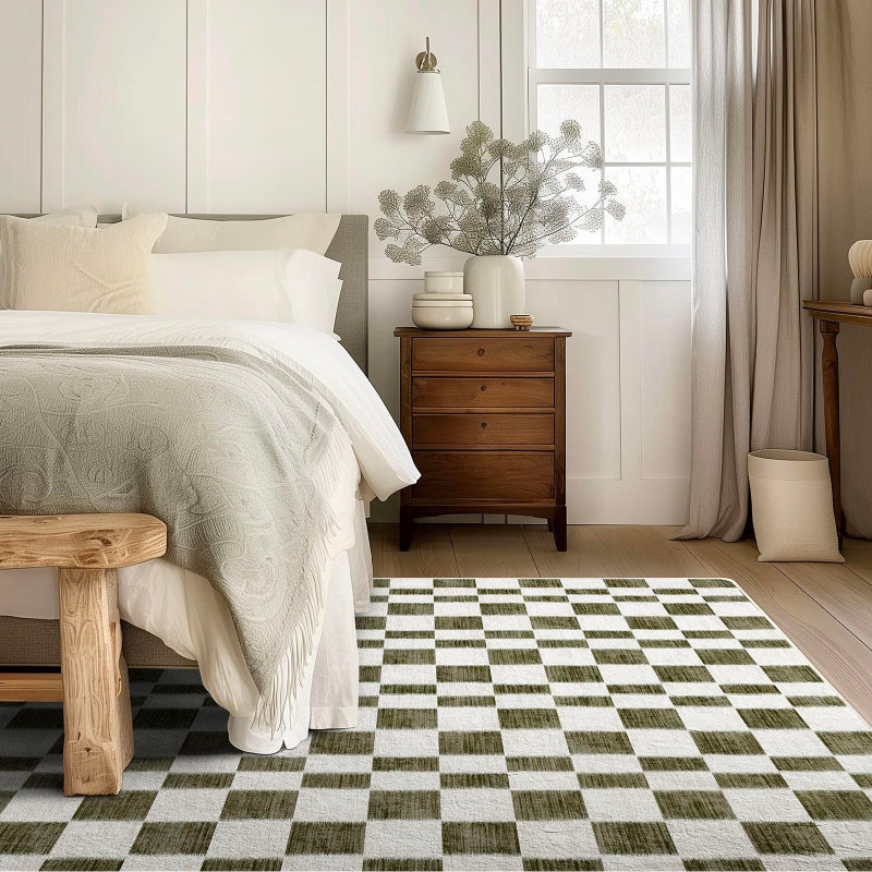 EVERGRACE Checkered Plaid Area Rug 6x9, Soft Fuzzy Faux Wool Rugs Washable Anti Slip Rugs Large Rug Carpet for Entryway Bedroom Living Room Hallway Kitchen Dining Room and Laundry Room, Olive Green - Image 2