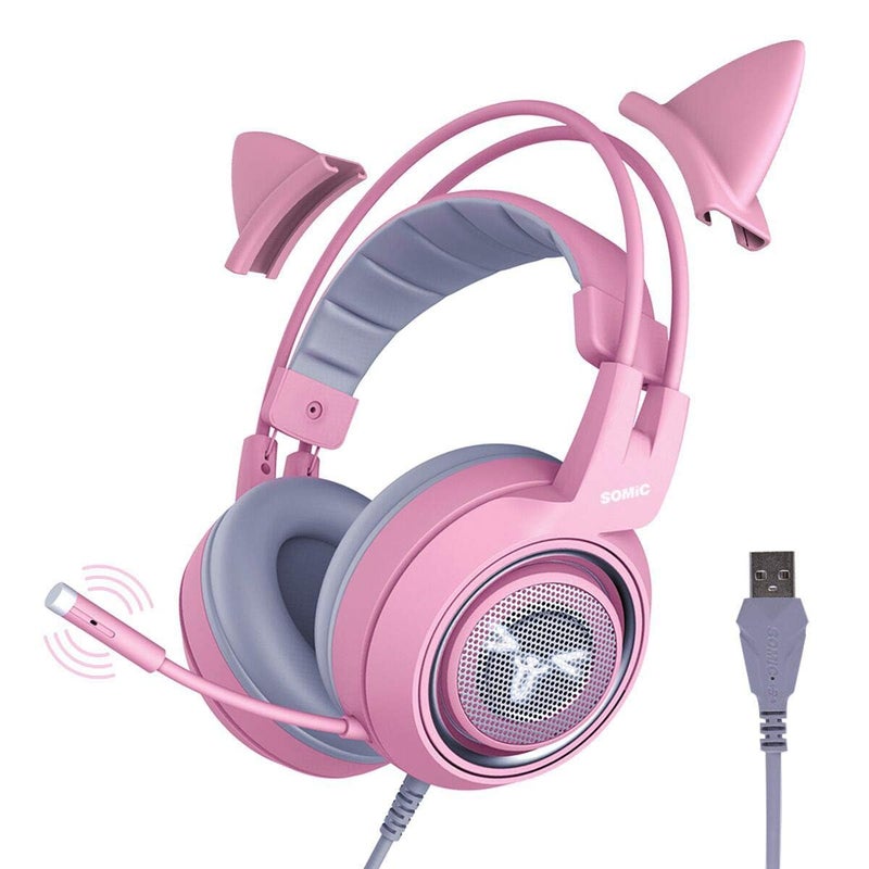 SOMIC G951pink Gaming Headset for PC, PS4, PS5, Laptop, Cat Ear Headphone USB Gaming Headphones with Mic Noise Cancelling, LED Light, 7.1 Virtual Surround Sound for Girls, Women - Image 1
